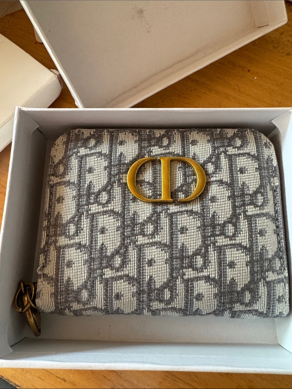 Dior Beige & Gray Monogram Zip Card Holder with Gold CD Emblem